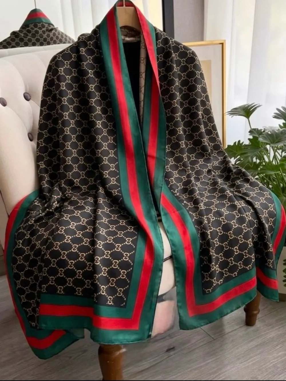 Black Logo Print Silk Scarf with Red & Green Trim